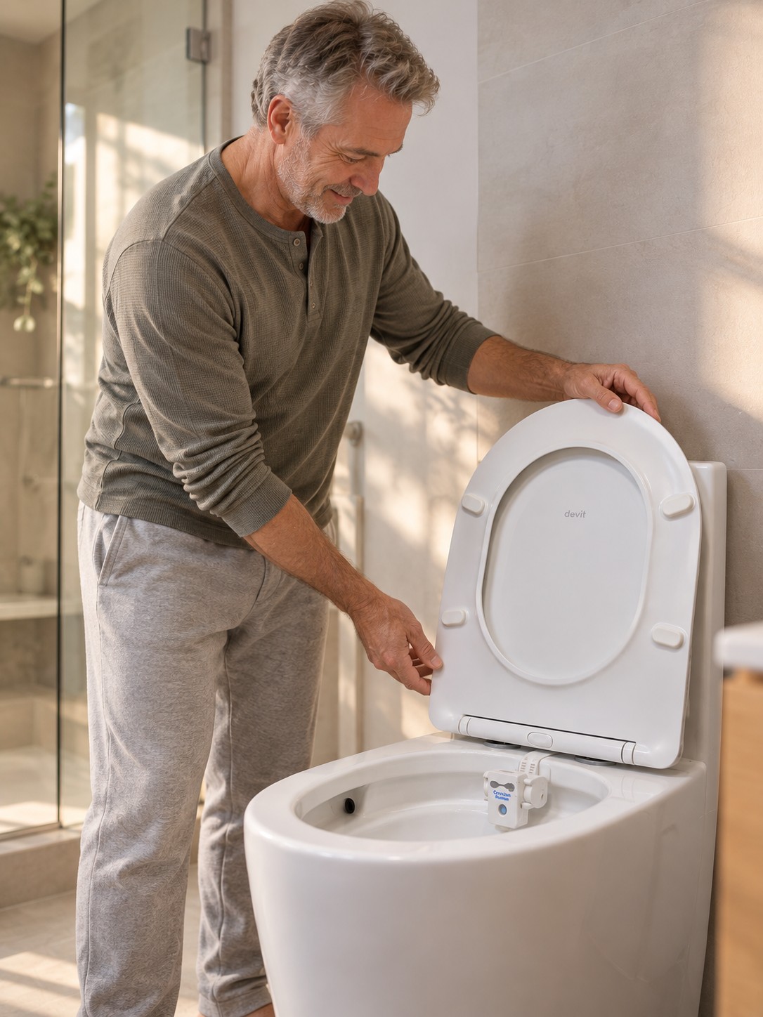 Man lifting a toilet lid with the UroWell device clipped inside the bowl