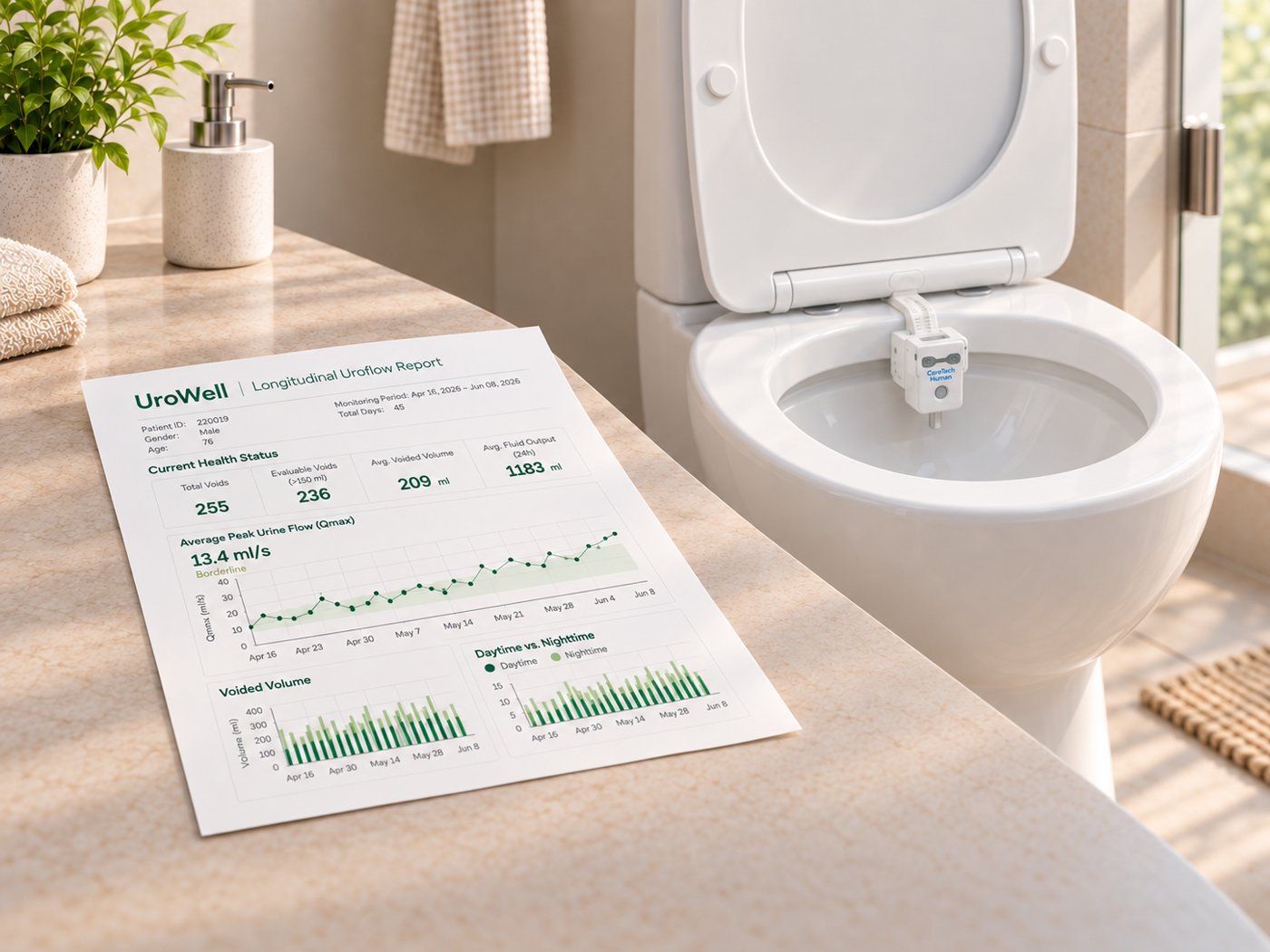 UroWell sensor installed in a home toilet next to a longitudinal trend report
