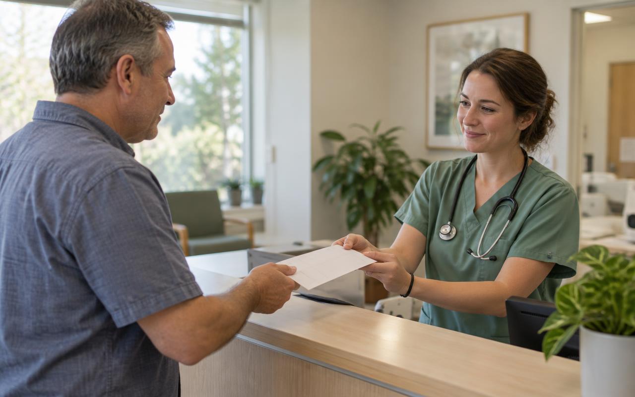 A nurse practitioner hands a patient a printed referral across a clinic counter
