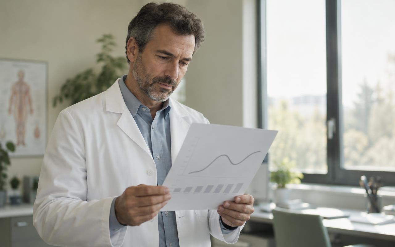 A physician holds and studies a printed uroflowmetry report