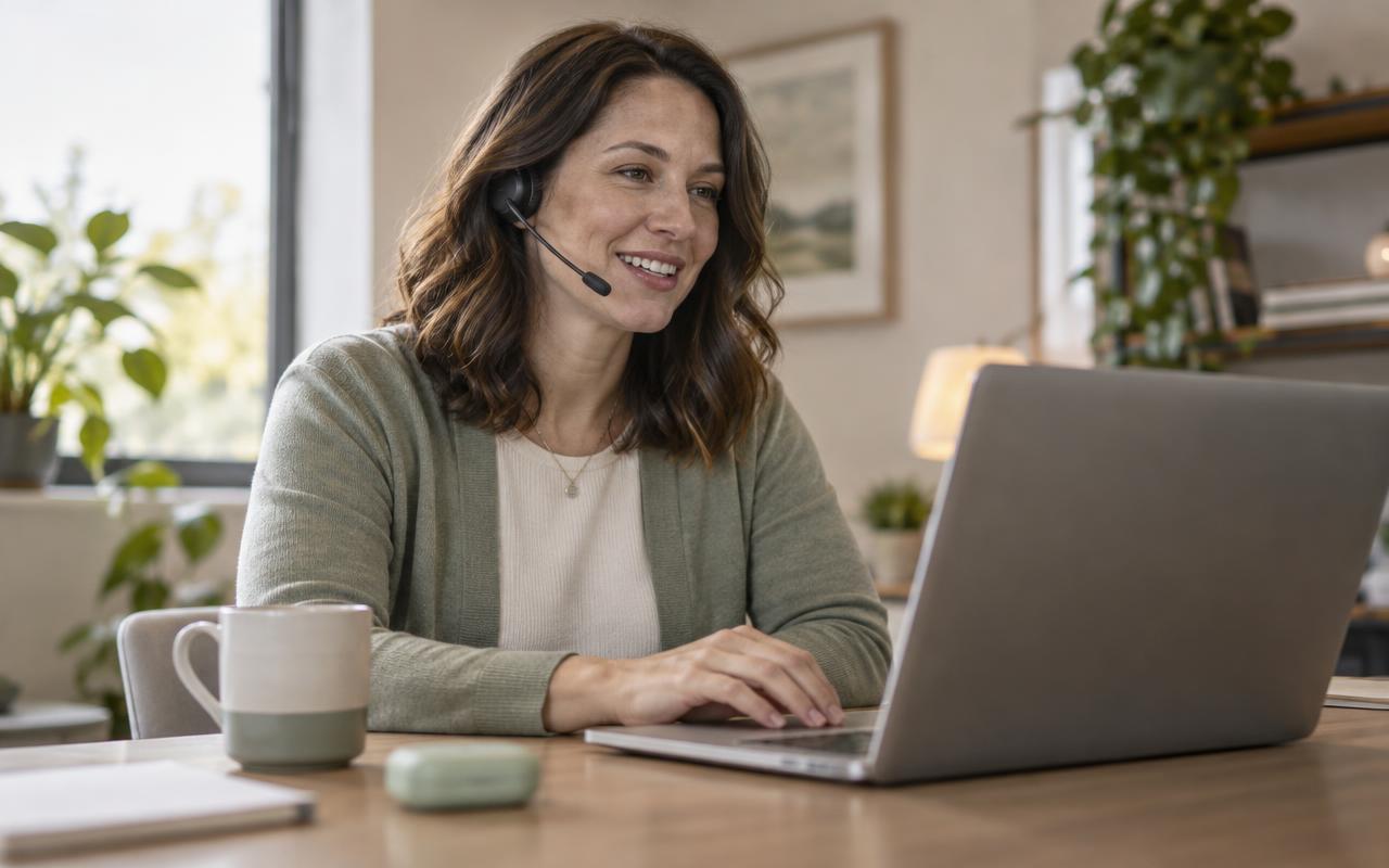 A UroWell support specialist wearing a headset talks with a patient at a desk